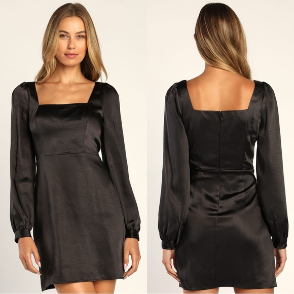 NWOT‎ Lulus Got The Love Black Satin Square-Neck Mini Dress - Picture 1 of 9